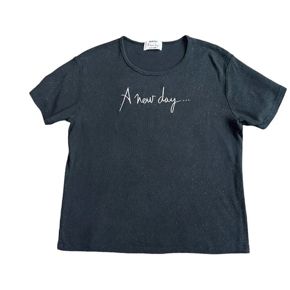 Celine Dion A New Day Rare T-Shirt Black Glitter Top Retro 2000s Size Large - Picture 1 of 9